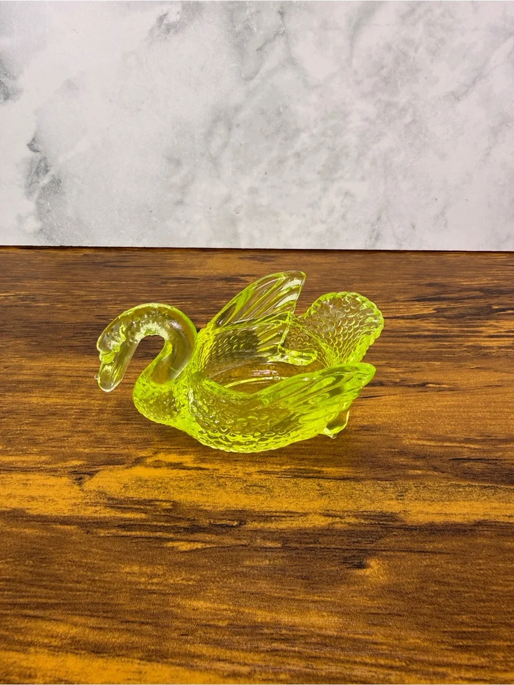 Mosser Glass Uranium Vaseline Swan Open Salt Cellar Dish UV Glow Vintage